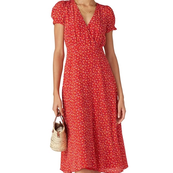 🚫Sold🚫 Dress Midi Wrap Floral Silk Puff Sleeve Red NWOT - Picture 1 of 9